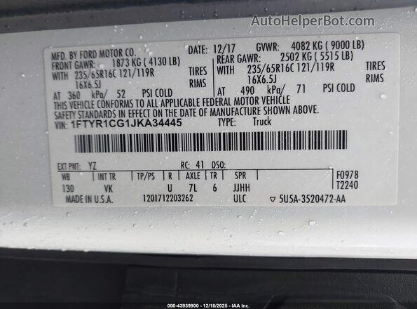 1FTYR1CG1JKA34445 2018 FORD TRANSIT-250 Белый Вид подкапотного пространства