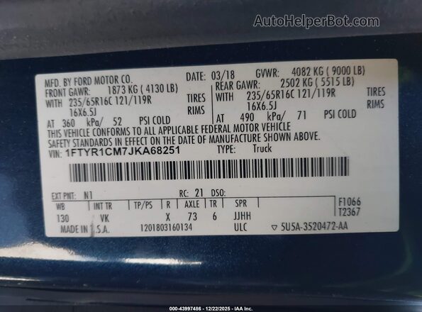 1FTYR1CM7JKA68251 2018 FORD TRANSIT-250 Blue ძრავის განყოფილების ხედი
