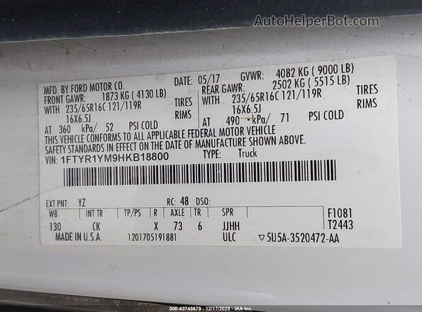 1FTYR1YM9HKB18800 2017 FORD TRANSIT-250 Белый Вид подкапотного пространства