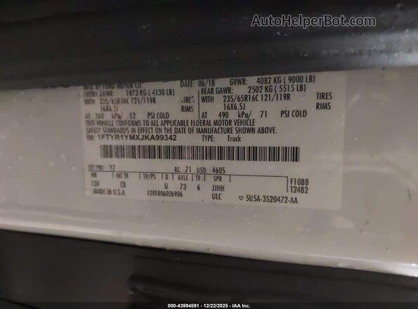 1FTYR1YMXJKA99342 2018 FORD TRANSIT-250 White Շարժիչի բաժամունքի տեսք