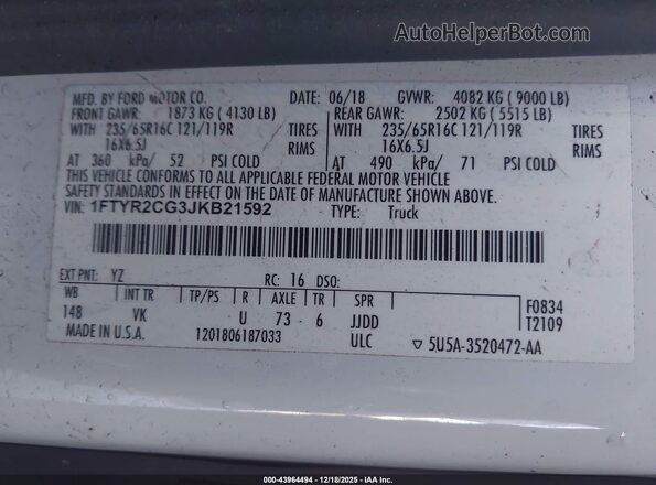1FTYR2CG3JKB21592 2018 FORD TRANSIT-250 White Vista del compartimento del motor