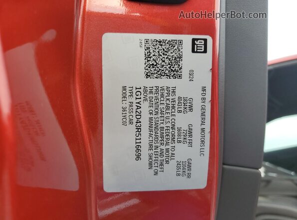 1G1YA2D43R5116696 2024 CHEVROLET CORVETTE Red Widok naklejki z numerem VIN