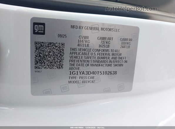 1G1YA3D40T5102638 2026 CHEVROLET CORVETTE White Vista del compartimento del motor