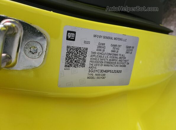 1G1YC3D40P5121920 2023 CHEVROLET CORVETTE Yellow Widok naklejki z numerem VIN