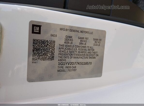 1G1YV2D77K5118570 2019 CHEVROLET CORVETTE White Вид підкапотного простору