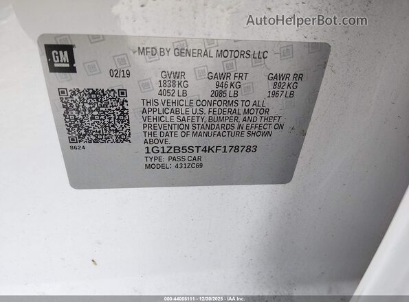 1G1ZB5ST4KF178783 2019 CHEVROLET MALIBU Белый Вид подкапотного пространства