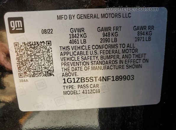 1G1ZB5ST4NF189903 2022 CHEVROLET MALIBU Черный Вид наклейки с VIN-кодом