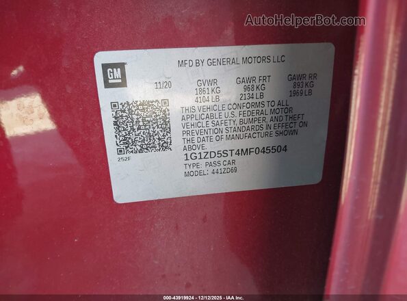 1G1ZD5ST4MF045504 2021 CHEVROLET MALIBU Красный Вид подкапотного пространства