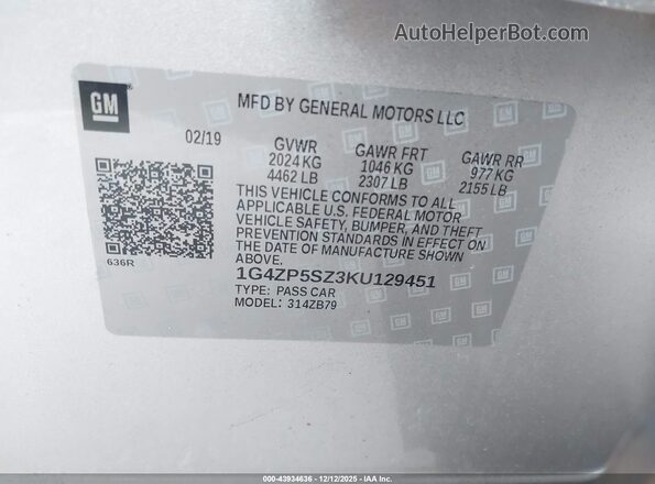 1G4ZP5SZ3KU129451 2019 BUICK LACROSSE Серебряный Вид подкапотного пространства