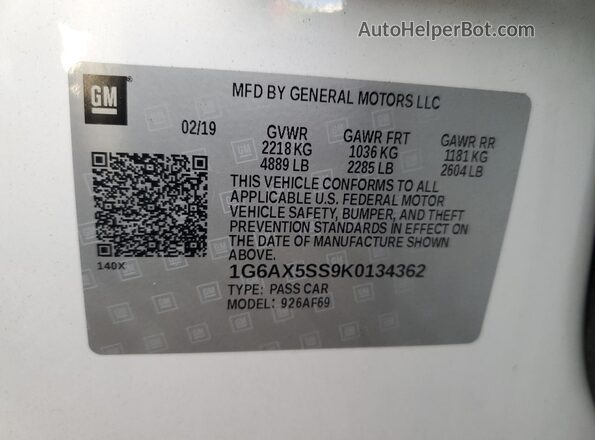 1G6AX5SS9K0134362 2019 CADILLAC CTS Белый Вид наклейки с VIN-кодом