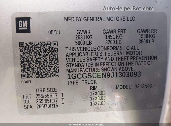 1GCGSCEN9J1303093 2018 CHEVROLET COLORADO Серебряный Вид подкапотного пространства
