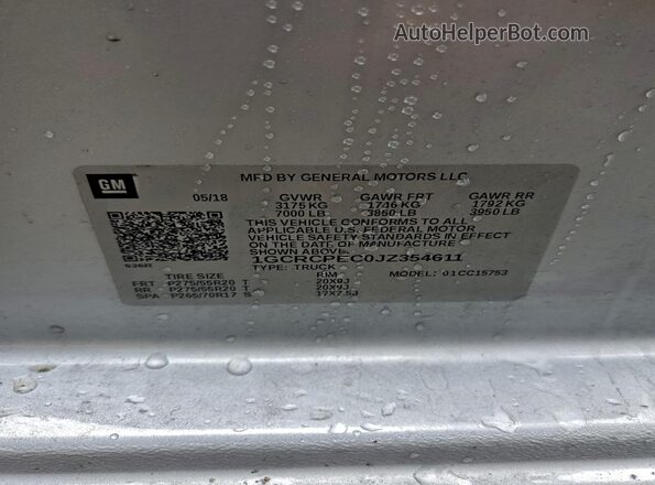 1GCRCPEC0JZ354611 2018 CHEVROLET 1500 Silver Вид наклейки з VIN-кодом