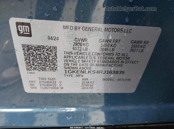 1GKENLKS4RJ163835 2024 GMC ACADIA Синий Вид подкапотного пространства