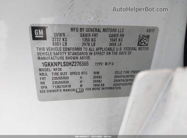 1GKKNPLS0HZ276366 2017 GMC ACADIA Белый Вид подкапотного пространства