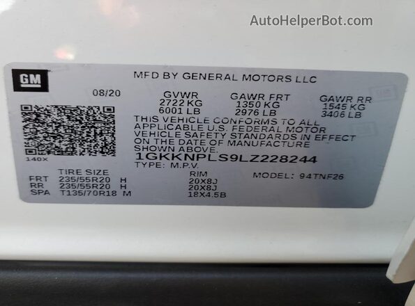 1GKKNPLS9LZ228244 2020 GMC ACADIA Белый Вид наклейки с VIN-кодом