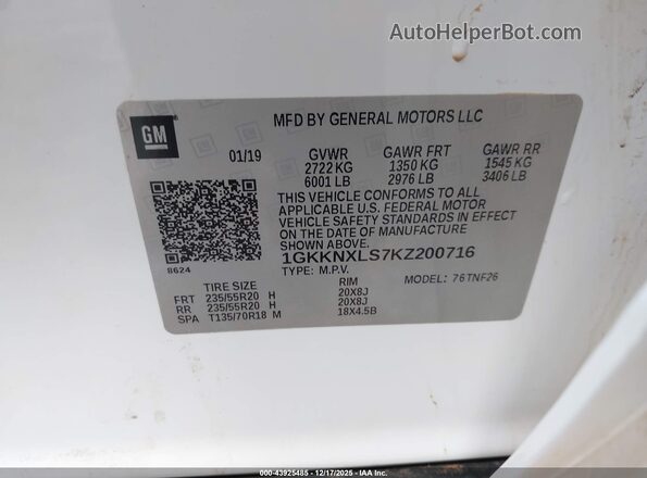 1GKKNXLS7KZ200716 2019 GMC ACADIA White Widok komory silnika