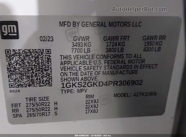 1GKS2GKD4PR306902 2023 GMC YUKON White Вид підкапотного простору