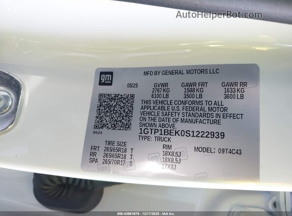 1GTP1BEK0S1222939 2025 GMC CANYON Белый Вид подкапотного пространства