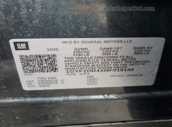1GYFZDR4XMF019150 2021 CADILLAC XT4 Charcoal Vista de la etiqueta del VIN