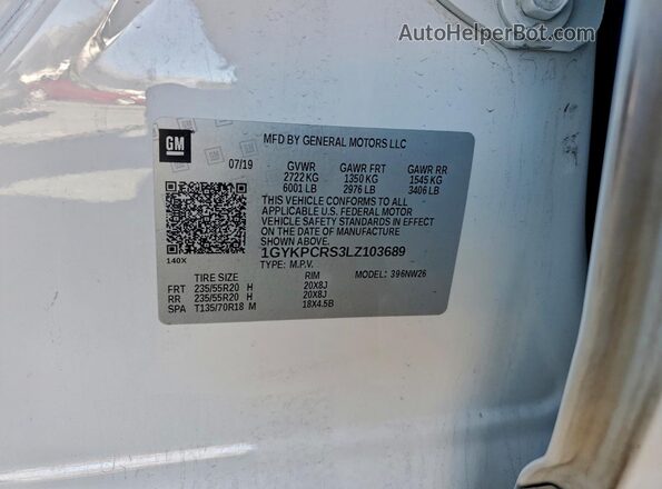 1GYKPCRS3LZ103689 2020 CADILLAC OTHER White Vista de la etiqueta del VIN