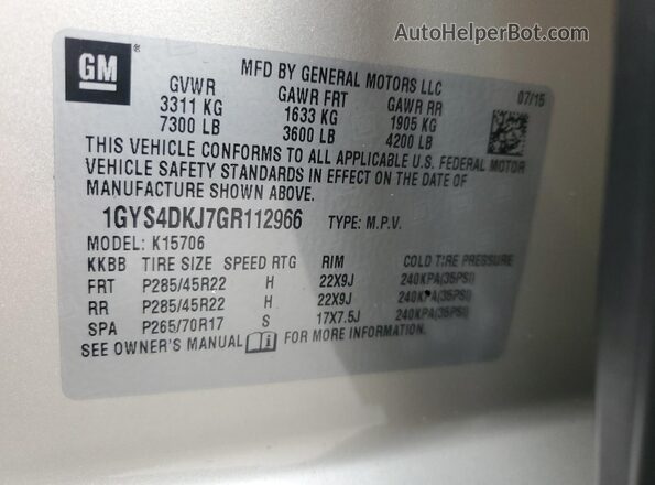 1GYS4DKJ7GR112966 2016 CADILLAC ESCALADE Белый Вид наклейки с VIN-кодом