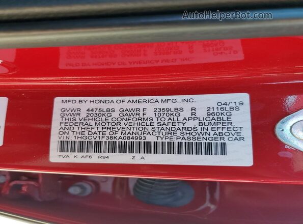 1HGCV1F38KA084993 2019 HONDA ACCORD Красный Вид подкапотного пространства
