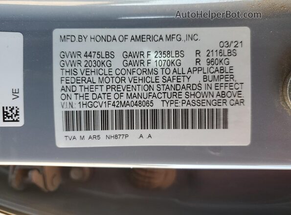 1HGCV1F42MA048065 2021 HONDA ACCORD Gray Vista del compartimento del motor
