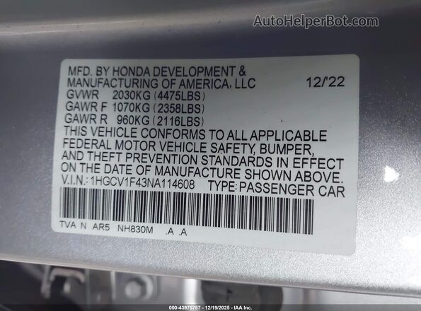 1HGCV1F43NA114608 2022 HONDA ACCORD Серебряный Вид подкапотного пространства