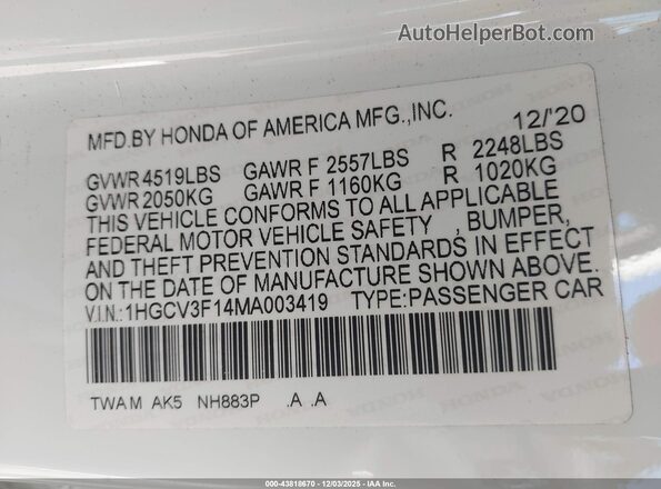 1HGCV3F14MA003419 2021 HONDA ACCORD HYBRID Белый Вид подкапотного пространства