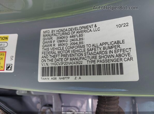 1HGCV3F20NA043622 2022 HONDA ACCORD HYBRID Серый Вид задних сидений