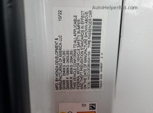 1HGCV3F28NA041164 2022 HONDA ACCORD Белый Вид подкапотного пространства