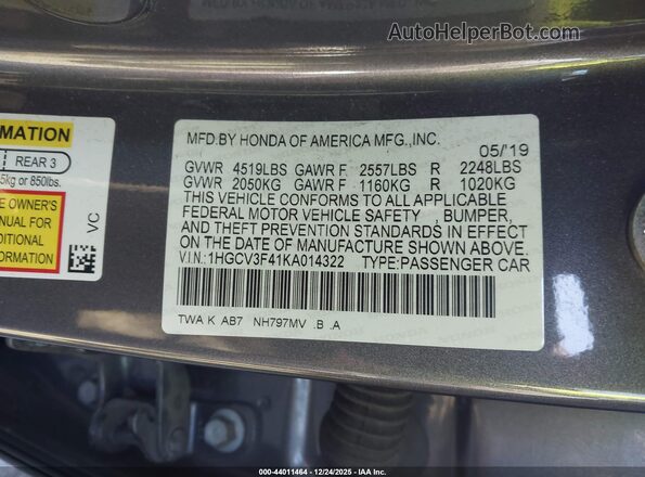 1HGCV3F41KA014322 2019 HONDA ACCORD HYBRID Gray Vista del compartimento del motor