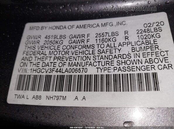 1HGCV3F44LA006670 2020 HONDA ACCORD HYBRID Серый Вид подкапотного пространства
