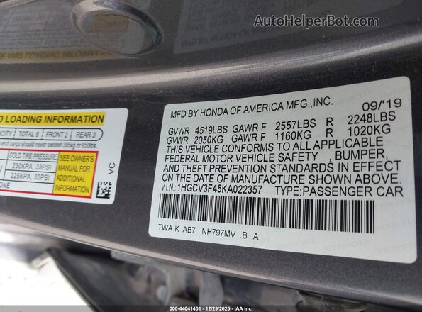 1HGCV3F45KA022357 2019 HONDA ACCORD HYBRID Gray Vista del compartimento del motor