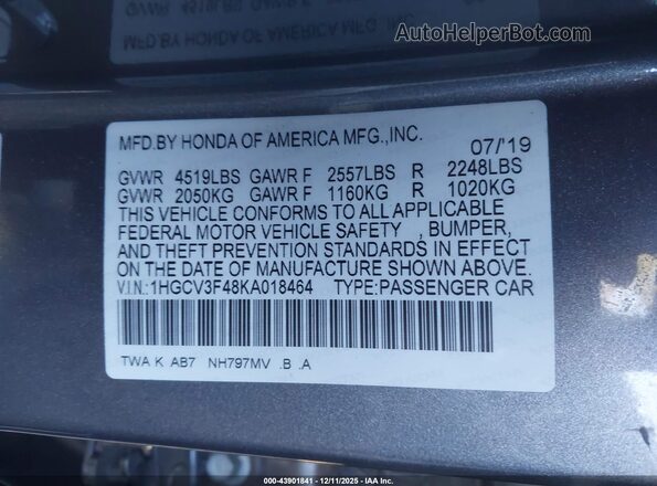 1HGCV3F48KA018464 2019 HONDA ACCORD HYBRID Gray ძრავის განყოფილების ხედი