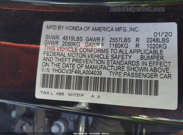 1HGCV3F49LA004039 2020 HONDA ACCORD HYBRID Black Vista del compartimento del motor