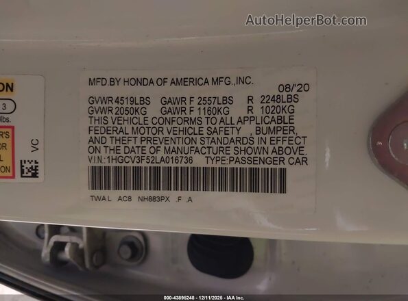 1HGCV3F52LA016736 2020 HONDA ACCORD HYBRID Белый Вид подкапотного пространства