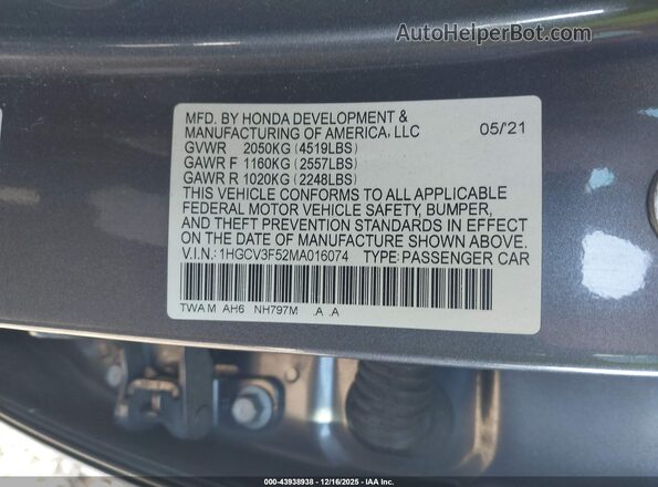 1HGCV3F52MA016074 2021 HONDA ACCORD HYBRID Gray Widok komory silnika