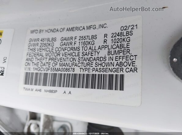 1HGCV3F55MA008678 2021 HONDA ACCORD HYBRID Белый Вид подкапотного пространства
