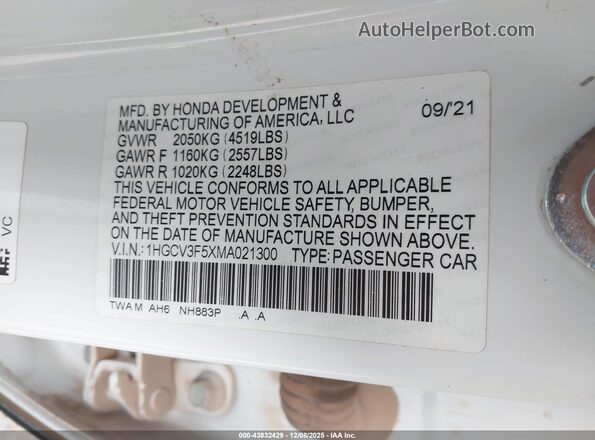 1HGCV3F5XMA021300 2021 HONDA ACCORD HYBRID Белый Вид подкапотного пространства