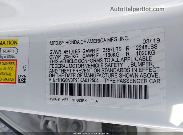 1HGCV3F93KA012504 2019 HONDA ACCORD HYBRID White Vista del compartimento del motor