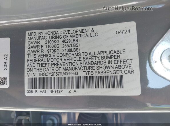 1HGCY2F57RA059933 2024 HONDA ACCORD HYBRID Серый Вид подкапотного пространства