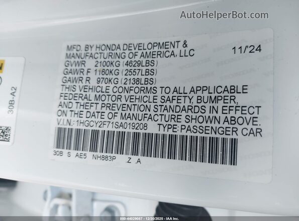 1HGCY2F71SA019208 2025 HONDA ACCORD HYBRID Белый Вид подкапотного пространства