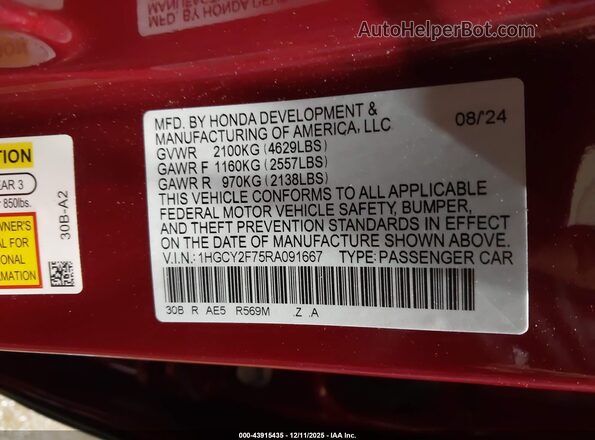 1HGCY2F75RA091667 2024 HONDA ACCORD HYBRID Красный Вид подкапотного пространства
