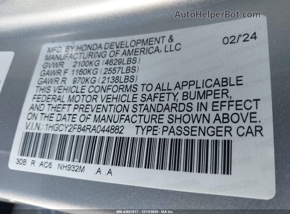1HGCY2F84RA044882 2024 HONDA ACCORD HYBRID Silver ძრავის განყოფილების ხედი