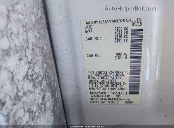 1N4AA6AP0JC389051 2018 NISSAN MAXIMA White Вид підкапотного простору