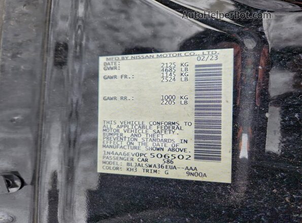 1N4AA6EV0PC506502 2023 NISSAN MAXIMA SR Black Vista de la etiqueta del VIN