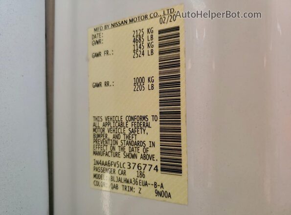 1N4AA6FV5LC376774 2020 NISSAN MAXIMA PLATINUM Белый Вид наклейки с VIN-кодом