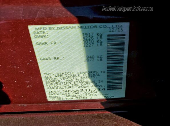 1N4AL3AP7GN316734 2016 NISSAN ALTIMA Красный Вид подкапотного пространства