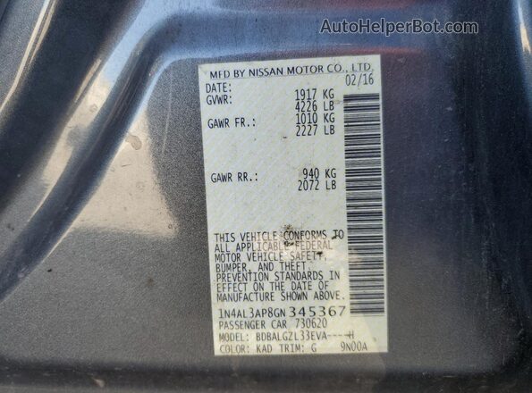1N4AL3AP8GN345367 2016 NISSAN ALTIMA Серый Вид наклейки с VIN-кодом